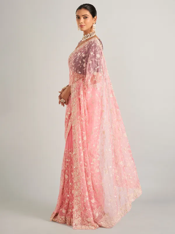 Organza silk light pink  saree