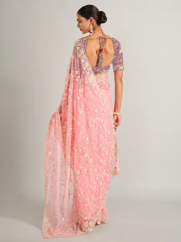 Organza silk light pink  saree
