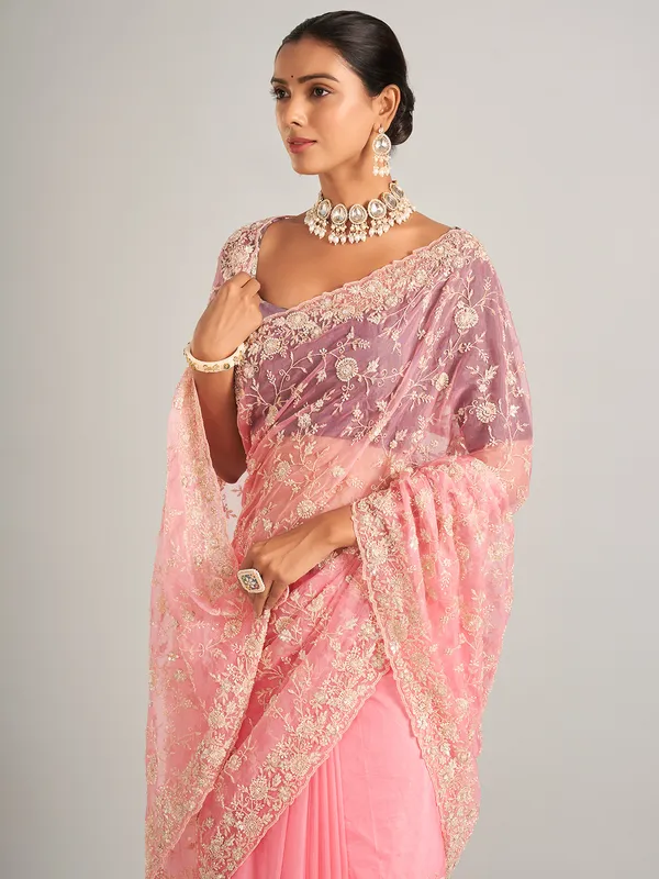 Organza silk light pink  saree