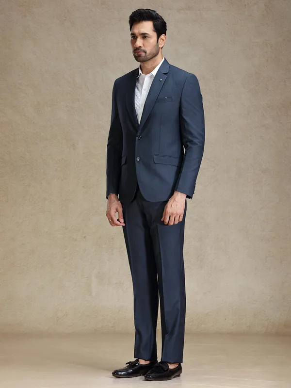 Metalic blue terry rayon blazer and pant set