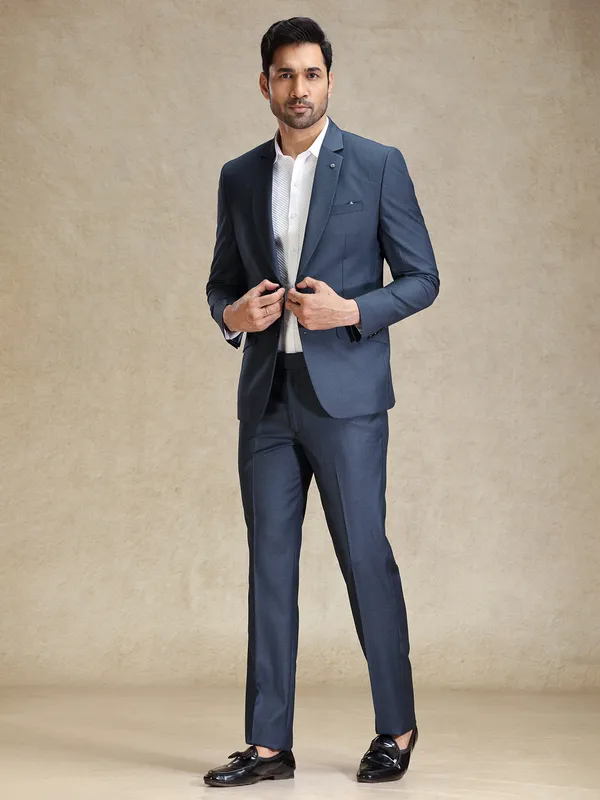 Metalic blue terry rayon blazer and pant set