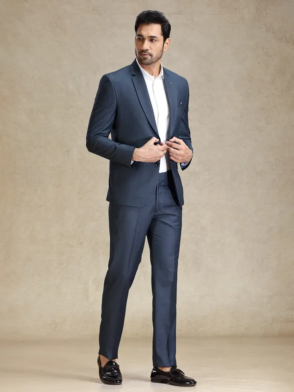 Metalic blue terry rayon blazer and pant set