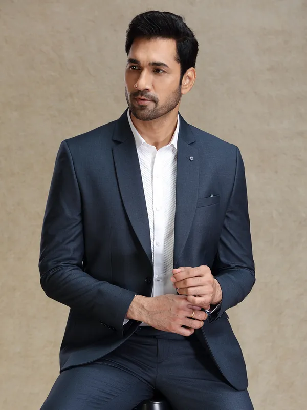 Metalic blue terry rayon blazer for receptions