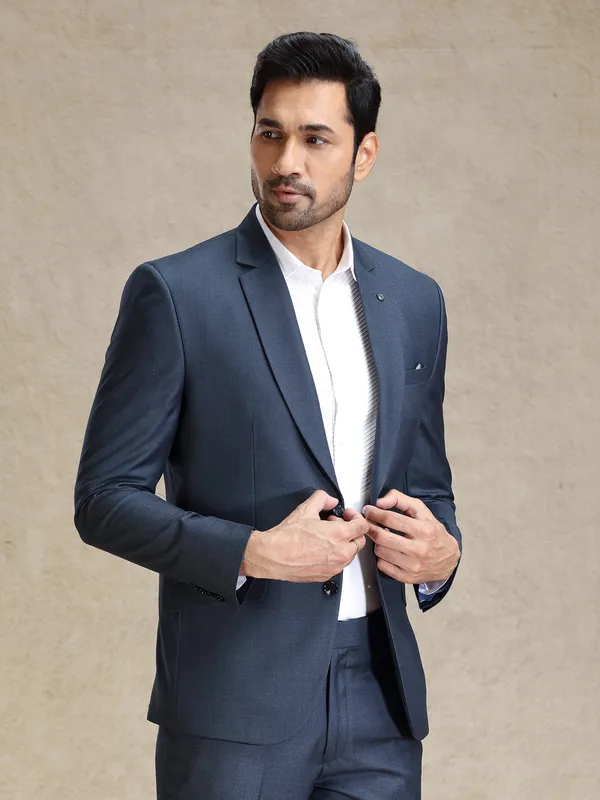 Metalic blue terry rayon blazer for receptions