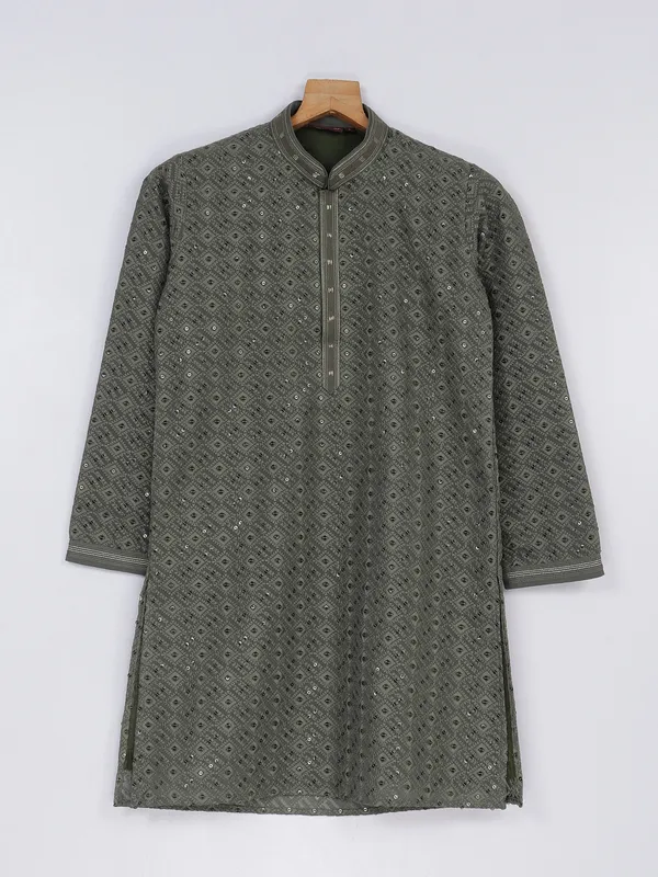 Military green silk kurta suit for festive