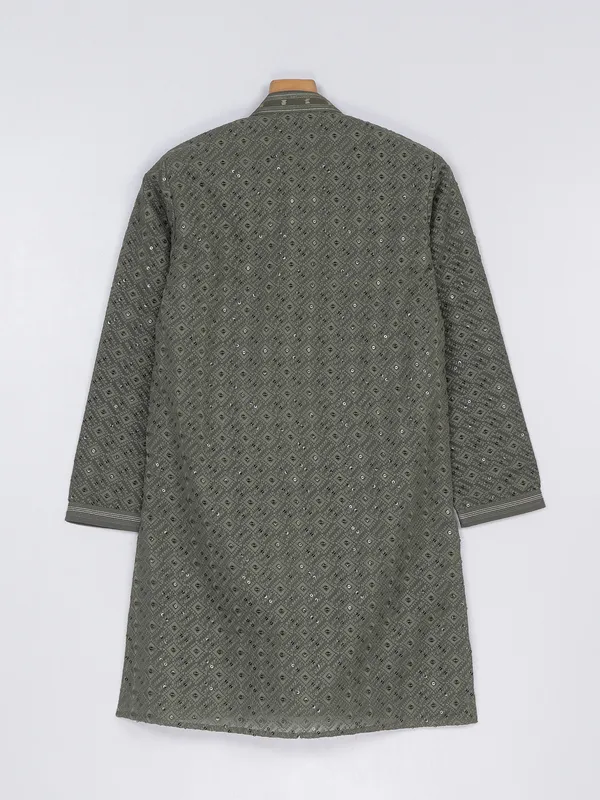 Military green silk kurta suit for festive