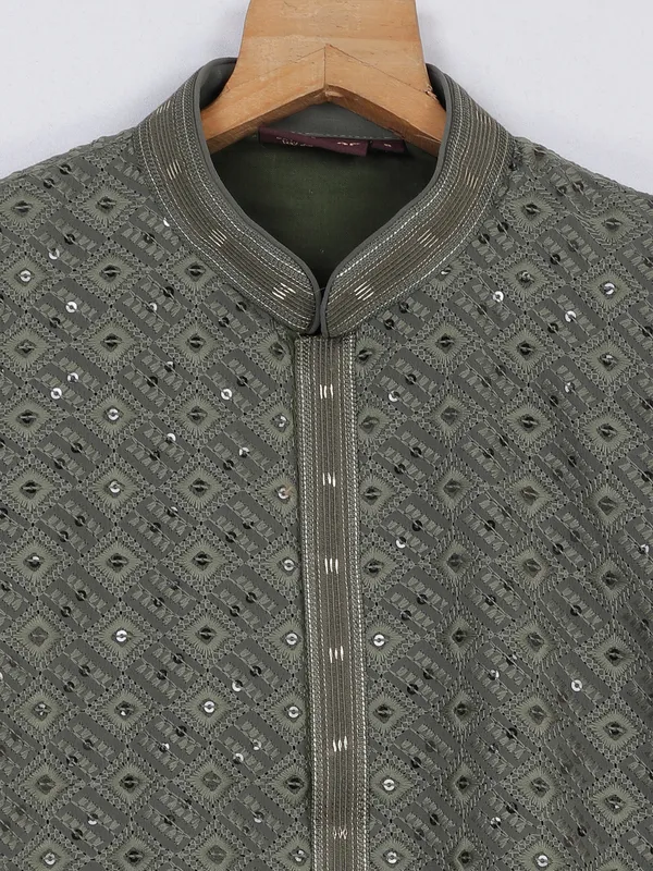 Military green silk kurta suit for festive