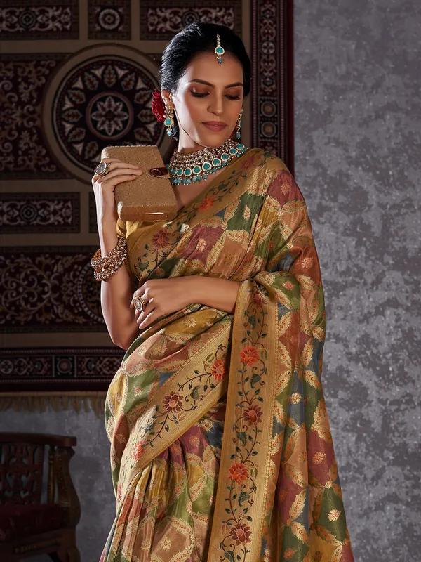 Minakari mustard yellow silk saree