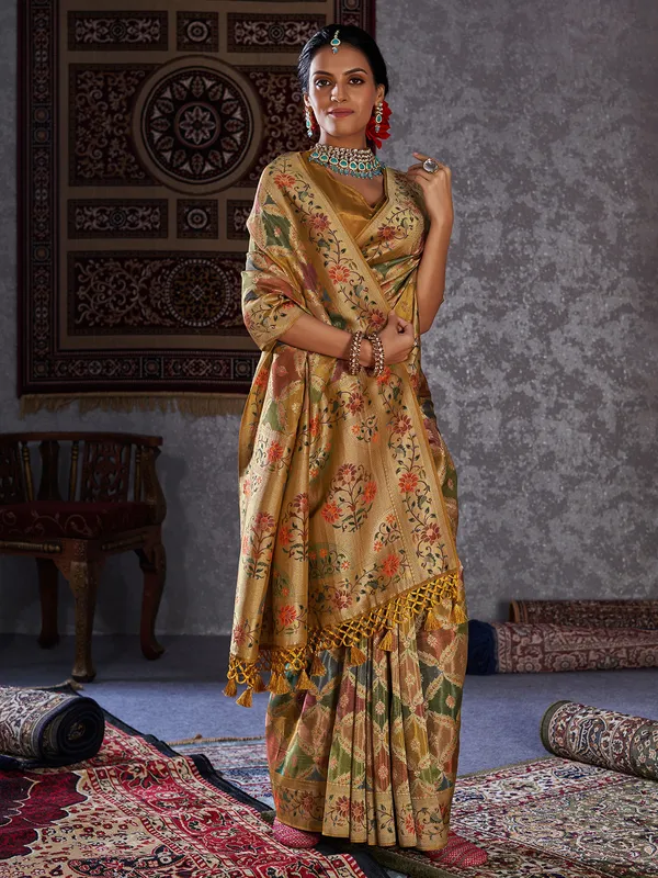Minakari mustard yellow silk saree