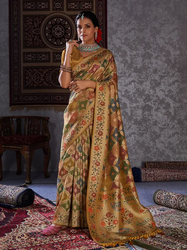 Minakari mustard yellow silk saree