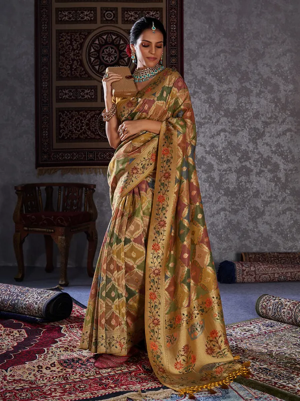 Minakari mustard yellow silk saree
