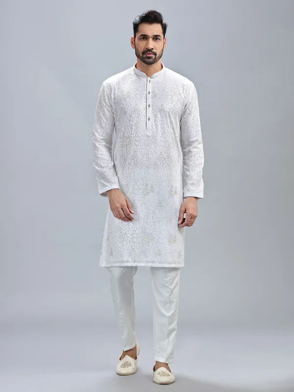 Minimalist white georgette kurta set for men