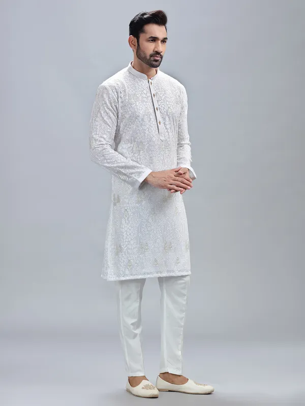 Minimalist white georgette kurta set for men