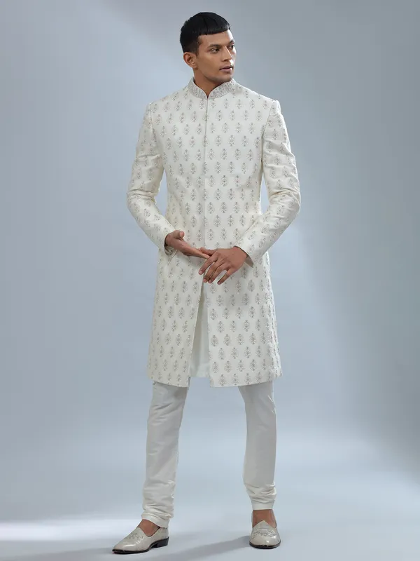 Minimalistic off white raw silk sherwani