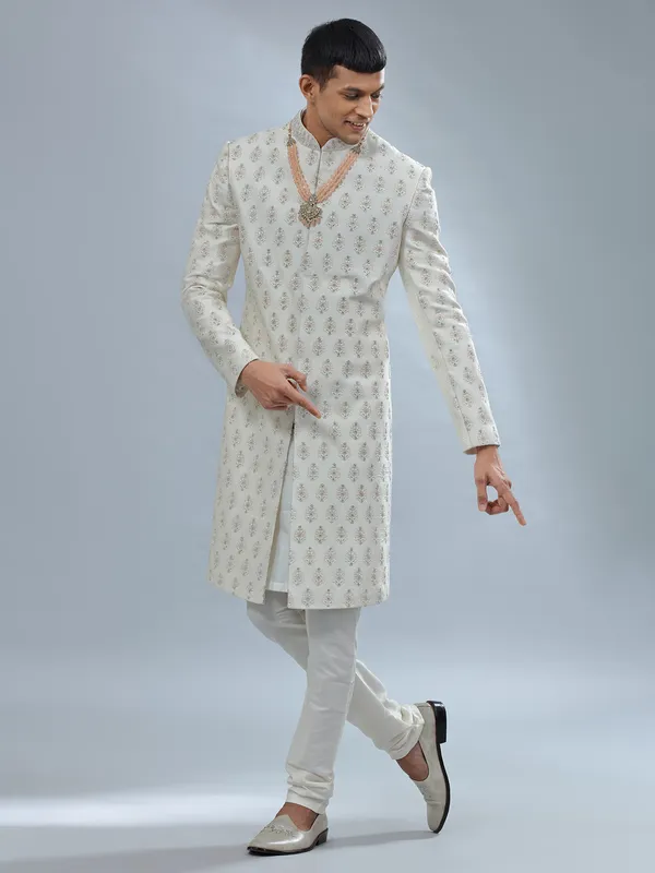 Minimalistic off white raw silk sherwani