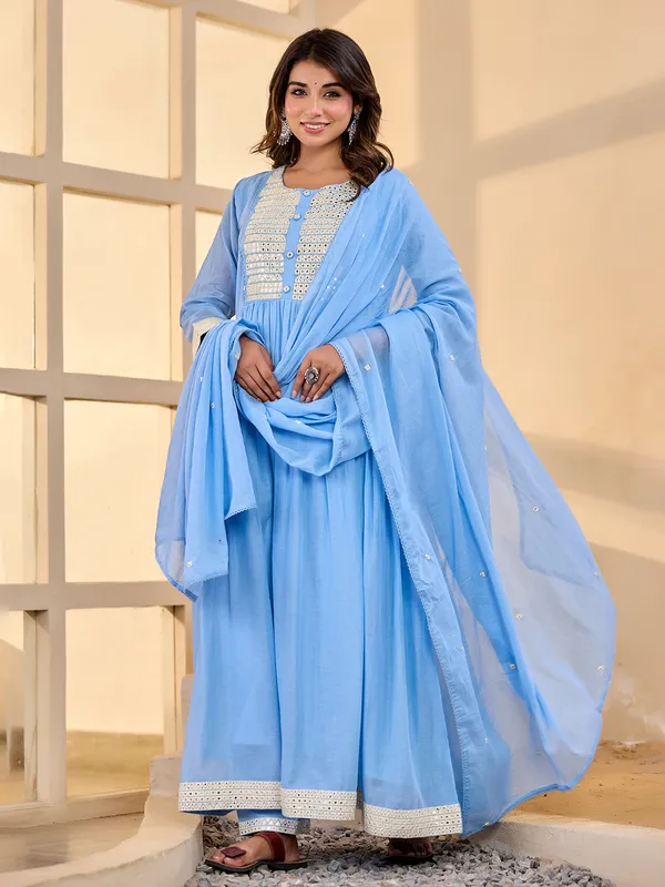 Mint blue aabla yoke kurti set with dupatta