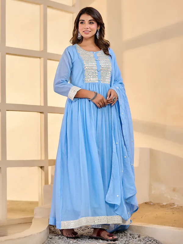 Mint blue aabla yoke kurti set with dupatta