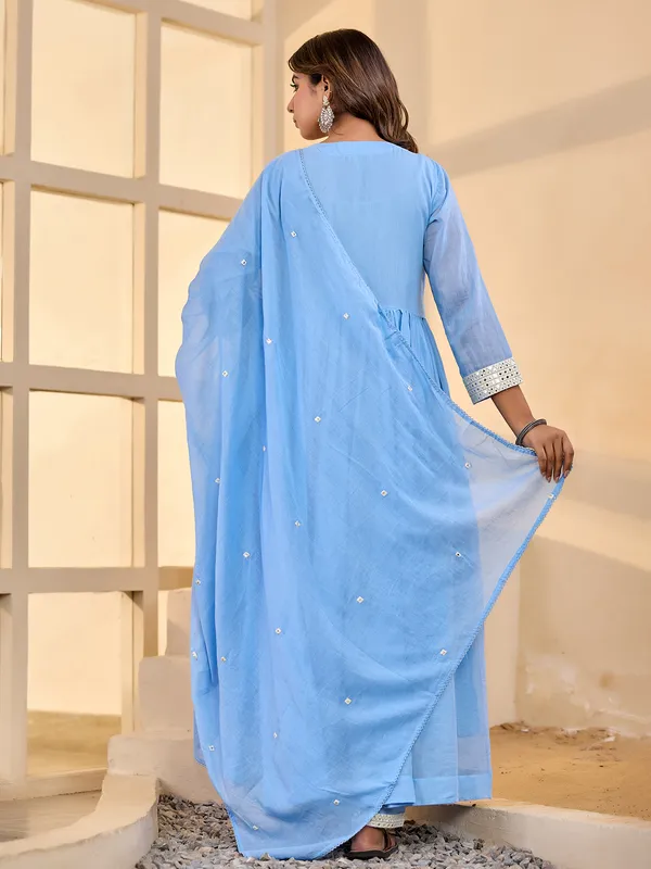 Mint blue aabla yoke kurti set with dupatta