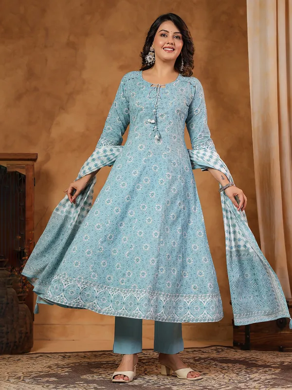 Mint blue cotton silk set with sequins and cutdana