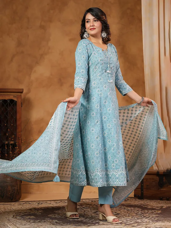 Mint blue cotton silk set with sequins and cutdana