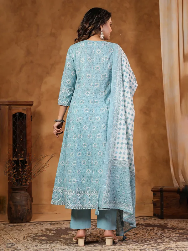Mint blue cotton silk set with sequins and cutdana