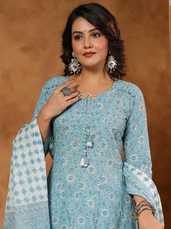 Mint blue cotton silk set with sequins and cutdana