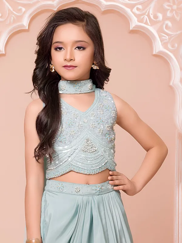 Mint blue designer V neck satin silk suit
