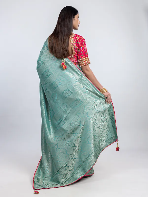 Mint blue dola silk festive wear saree with readymade blouse