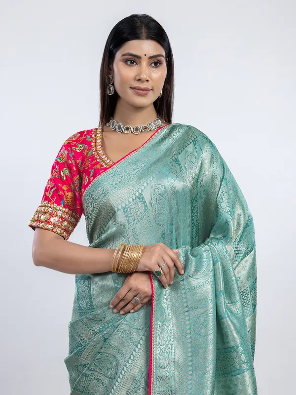 Mint blue dola silk festive wear saree with readymade blouse