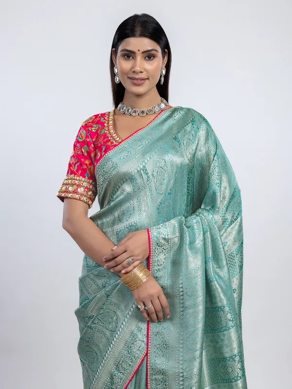 Mint blue dola silk festive wear saree with readymade blouse