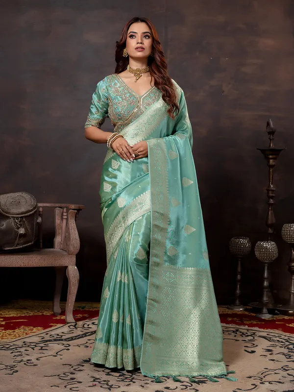 Mint blue dola silk saree for wedding wear