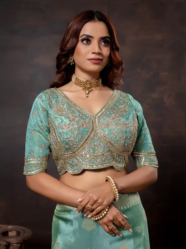 Mint blue dola silk saree for wedding wear