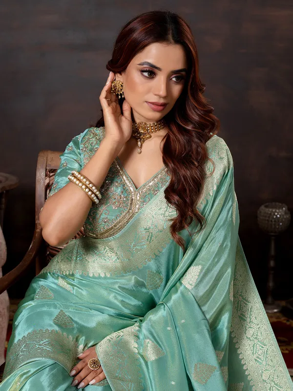 Mint blue dola silk saree for wedding wear
