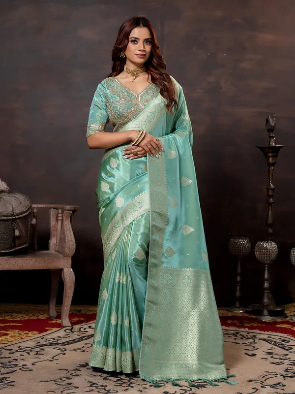 Mint blue dola silk saree for wedding wear