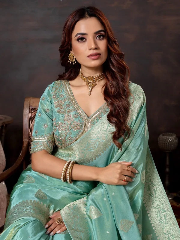 Mint blue dola silk saree for wedding wear