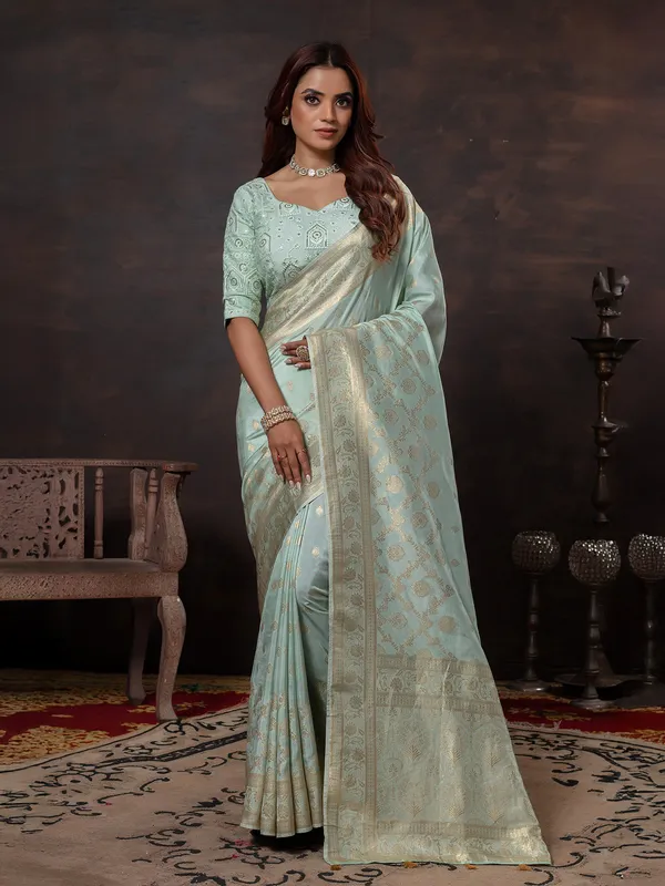 Mint blue dola silk saree with zari embellishment