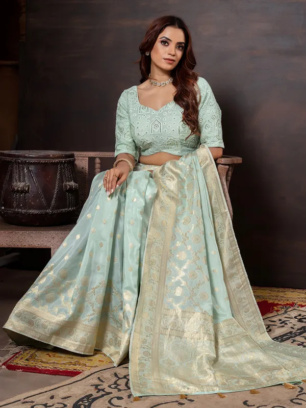 Mint blue dola silk saree with zari embellishment