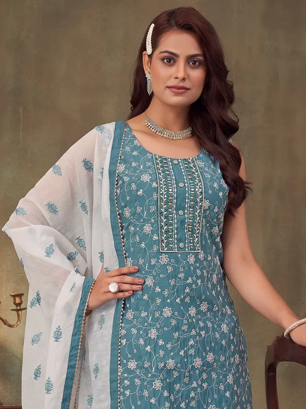 Mint blue embroidered silk salwar suit with dupatta