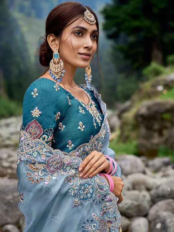 mint blue embroidery silk saree