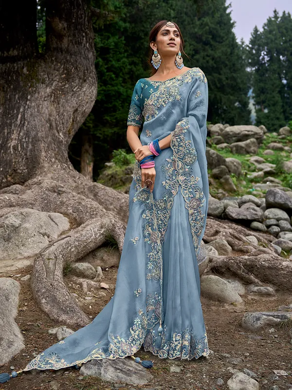 mint blue embroidery silk saree
