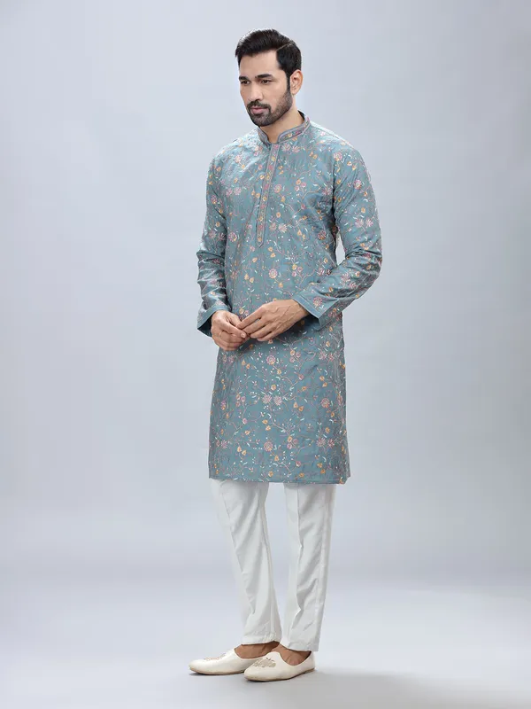 Mint blue festive wear kurta pajama for men