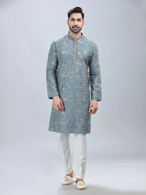 Mint blue festive wear kurta pajama for men
