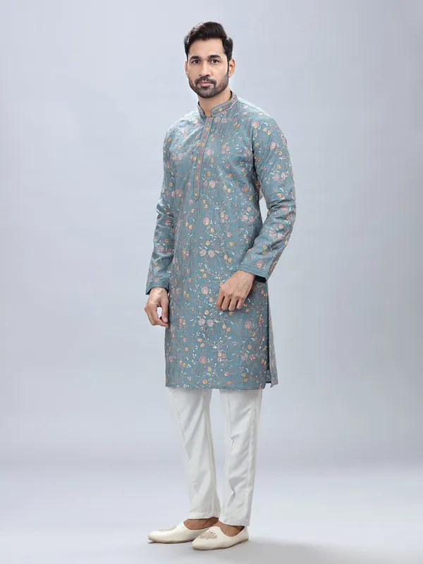 Mint blue festive wear kurta pajama for men