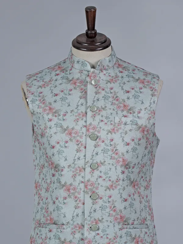 Mint blue floral printed cotton silk waistcoat