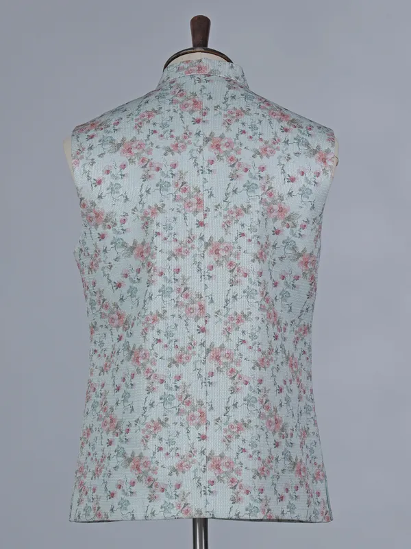 Mint blue floral printed cotton silk waistcoat