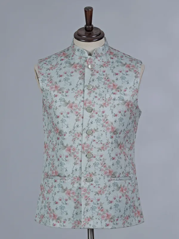 Mint blue floral printed cotton silk waistcoat