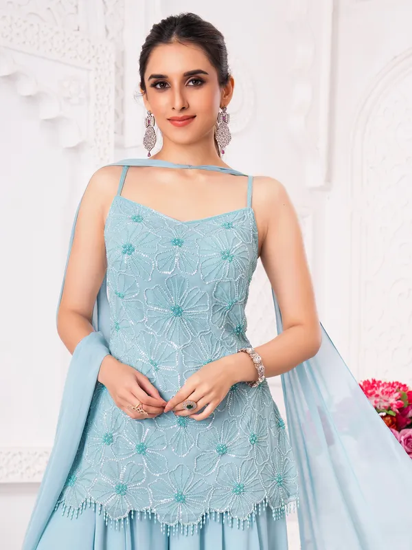 Mint blue georgette palazzo set with pearl detailing