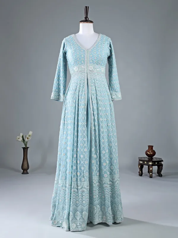 Mint blue georgette palazzo suit with dupatta
