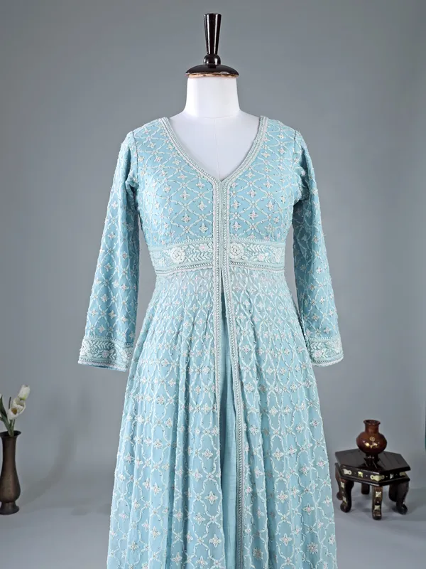 Mint blue georgette palazzo suit with dupatta
