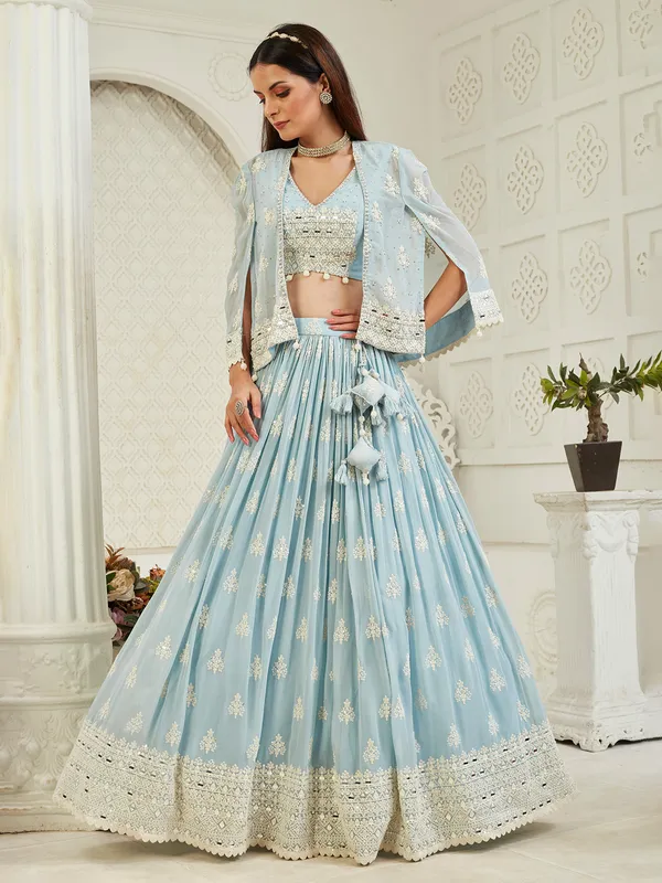 Mint blue georgette wedding style lehenga choli
